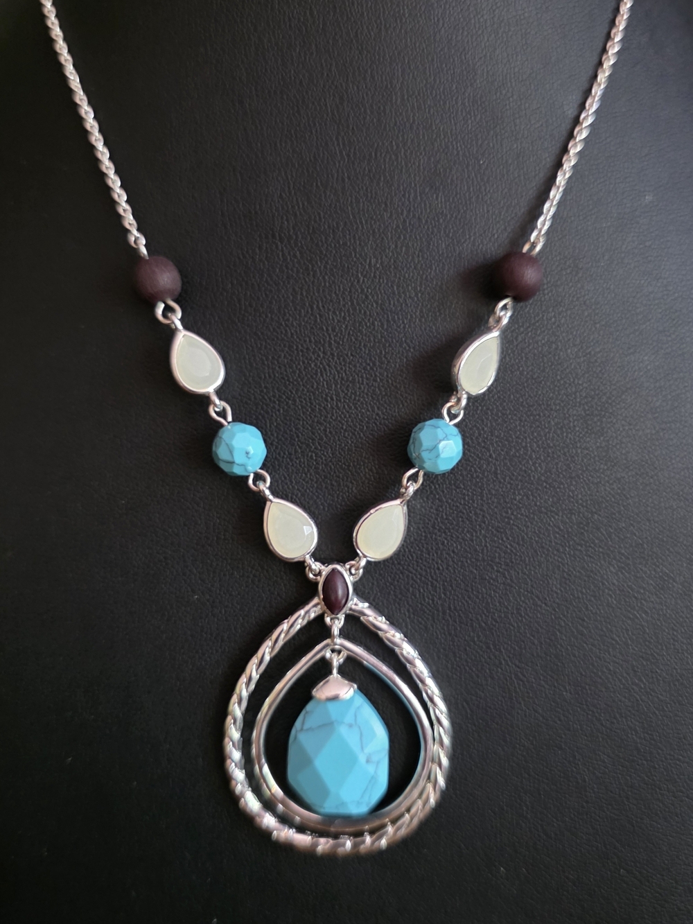 Turquoise Teardrop Pendant, Necklace, Rope Chain.